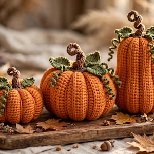 May include: Three orange crochet pumpkins of varying sizes, each featuring a brown curly stem and green crocheted leaves with tendrils. The pumpkins are textured with vertical ribbed stitching and are arranged in a row on a wooden board.