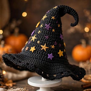 May include: A black crocheted witch hat featuring a pointed, slightly curved top and a wide brim. The hat is decorated with numerous small, embroidered stars in shades of yellow and purple scattered across the surface of the fabric.