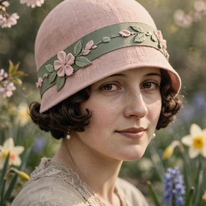 May include: A dusty pink cloche hat featuring a sage green ribbon band adorned with embroidered pink flowers and green leaves. The hat has a rounded crown and a short, downward-sloping brim, crafted from a textured fabric with visible weave.