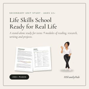 Może przedstawiać: Cyfrowy materiał edukacyjny zatytułowany Life Skills School Ready for Real Life, przeznaczony dla uczniów od 12 roku życia. Zawiera 9 modułów obejmujących czytanie, badania, pisanie i projekty na ponad 250 stronach, z dwiema otwartymi stronami dokumentu oraz logo HSFamilyHub.