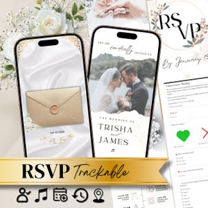Interactive Digital Wedding Invitation Website, Minimalist White, Beige, Gold Wedding Invite, Trackable RSVP, Countdown (Canva Template)