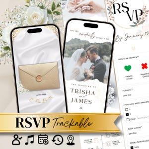Può includere: Due smartphone che mostrano informazioni RSVP di matrimonio. Uno mostra un invito con la foto di una coppia, l'altro una busta digitale. Le parole "RSVP Trackable" sono su uno striscione dorato. Accenti floreali e icone completano il design.