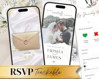 Interactive Wedding Invitation Website, Digital Wedding Invite, Trackable RSVP, Countdown, White, Beige, Gold Minimalistic (Canva Template)