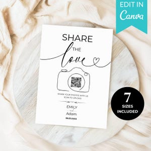 Bröllopsskylt med QR-kod för fotodelning, redigerbart "Share the Love"-kort, utskrivbart foto och dela, digital nedladdning (Canva-mall)