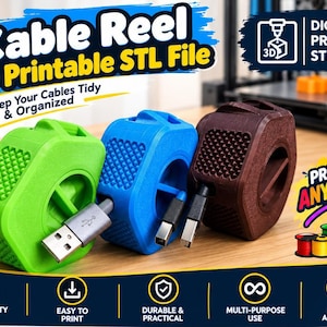 May include: Three 3D printable cable reels in bright green, blue, and dark brown, each featuring a textured grip and a central opening for cord storage. The image includes text: Cable Reel 3D Printable STL File, Digital Product, and Print in Any Color.