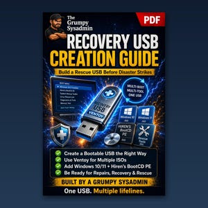 Puede incluir: Una guía digital titulada The Grumpy Sysadmin Recovery USB Creation Guide. Incluye una unidad USB, una pantalla de portátil con un menú de arranque e iconos de Windows 10, 11 y Hiren's BootCD PE. El texto incluye Build a Rescue USB Before Disaster Strikes.