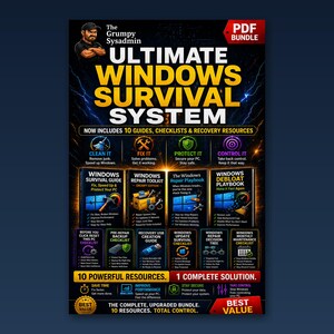 May include: A digital PDF bundle titled The Grumpy Sysadmin Ultimate Windows Survival System. It features 10 guides, checklists, and recovery resources for PC maintenance, including a repair toolkit, debloat playbook, and various system checklists.