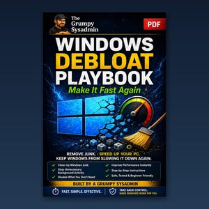 Könnte beinhalten: Ein digitaler PDF-Leitfaden mit dem Titel Windows Debloat Playbook: Make It Fast Again. Das Cover zeigt ein rissiges blaues Windows-Logo, einen Tacho und einen Besen. Der Text umfasst Remove Junk, Speed Up Your PC und Keep Windows From Slowing It Down Again.