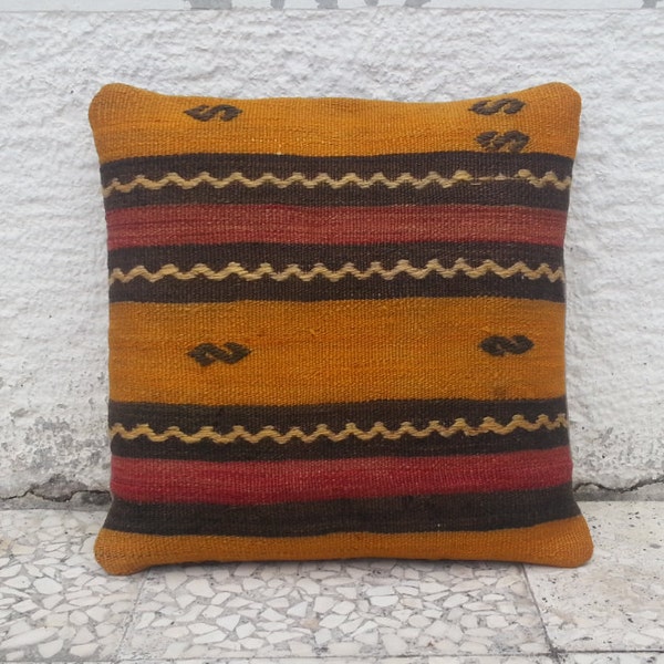 HANDWOVEN Traditional  Striped Yellow Red Turkish Kilim Pillow Cover,16x16 inches,Vintage  Pillow,Decorative  Pillow,Soft Kilim Pillow.