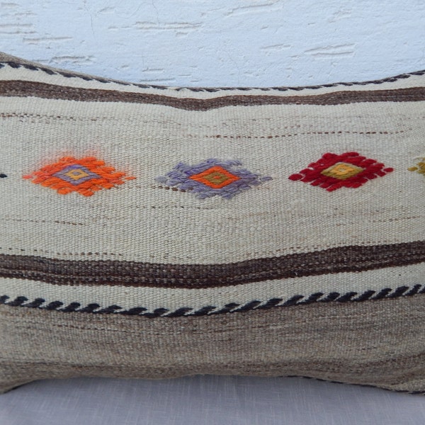 KILIM Lumbar Pillows,Organic Turkish Kilim Pillows,Large Woven Pillow Cover-Decorative Throw Pillows-14x20 Cream Kilim Pillows,Body Pillows