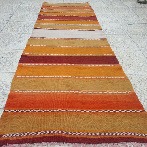 VINTAGE  Handwoven  Antique Turkish Kilim Rug Carpet Runner,Orange Yellow Green Striped Kilim,Natural Wool,27.9x85.8 inches,Tribal Kilim.