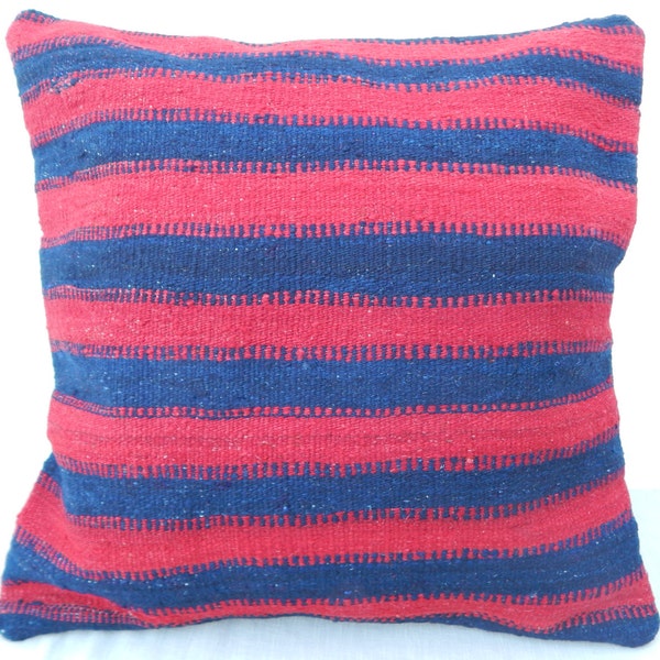 24''x24'' EXTRA LARGE Giant Big King Size Decorative Throw Pillow-Hand Made Stripe Blue and Red Color 60X60 cm Tribal Kilim Pillow Cover