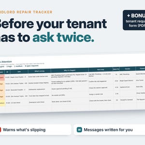 Landlord Repair Request Tracker + Tenant Maintenance Request Form, Rental Property Spreadsheet, Vendor Log, Excel Google Sheets