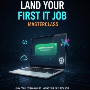 Peut inclure: Un ordinateur portable affichant une notification verte indiquant Job Offer Accepted! Congratulations! L'écran est entouré d'icônes néon lumineuses, dont des crochets de code, un nuage, un bouclier et un nœud réseau sur fond sombre.