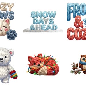 K&ouml;nnte beinhalten: Eine Sammlung von sechs winterlichen Grafiken mit einer gestrickten Katze mit dem Text COZY PAWS, dem Text SNOW DAYS AHEAD, dem Text FROSTY & COZY mit Schneeflocke, einem wei&szlig;en B&auml;ren mit Regenbogen-F&auml;ustlingen, einem Fuchs und einer Eule.