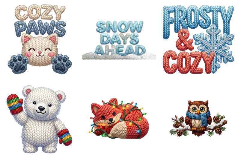 K&ouml;nnte beinhalten: Eine Sammlung von sechs winterlichen Grafiken mit einer gestrickten Katze mit dem Text COZY PAWS, dem Text SNOW DAYS AHEAD, dem Text FROSTY & COZY mit Schneeflocke, einem wei&szlig;en B&auml;ren mit Regenbogen-F&auml;ustlingen, einem Fuchs und einer Eule.