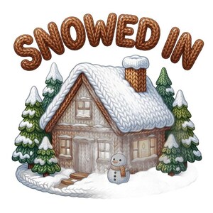 K&ouml;nnte beinhalten: Drei winterliche Illustrationen: ein Paar rosa und orangefarbene Strickf&auml;ustlinge an einer Schnur mit dem Text "WINTER HUGS", eine verschneite H&uuml;tte mit Tannen und Schneemann mit "SNOWED IN" sowie ein brauner Strickhirsch mit dem Text "OH DEER".