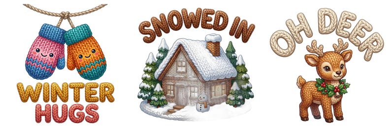 K&ouml;nnte beinhalten: Drei winterliche Illustrationen: ein Paar rosa und orangefarbene Strickf&auml;ustlinge an einer Schnur mit dem Text "WINTER HUGS", eine verschneite H&uuml;tte mit Tannen und Schneemann mit "SNOWED IN" sowie ein brauner Strickhirsch mit dem Text "OH DEER".