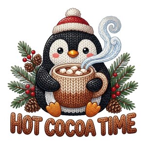 K&ouml;nnte beinhalten: Drei winterliche Illustrationen: ein wei&szlig;er Schneemann mit rotem Schal und dem Text HELLO SNOWFALL, ein Pinguin mit M&uuml;tze und Kakaotasse mit dem Text HOT COCOA TIME sowie ein roter Lastwagen mit einem Tannenbaum und dem Schriftzug FRESH PINES.