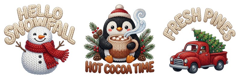 K&ouml;nnte beinhalten: Drei winterliche Illustrationen: ein wei&szlig;er Schneemann mit rotem Schal und dem Text HELLO SNOWFALL, ein Pinguin mit M&uuml;tze und Kakaotasse mit dem Text HOT COCOA TIME sowie ein roter Lastwagen mit einem Tannenbaum und dem Schriftzug FRESH PINES.
