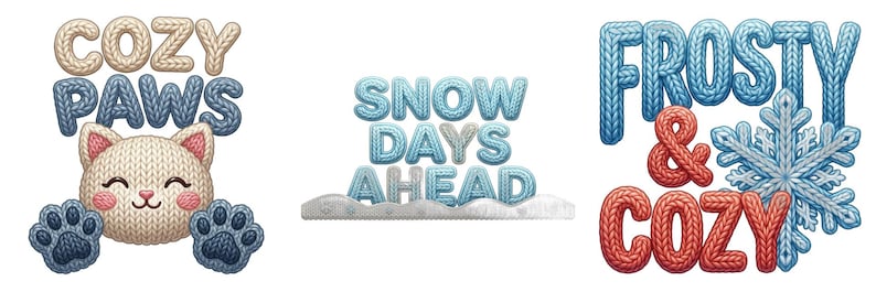 K&ouml;nnte beinhalten: Drei grafische Designs mit gestrickter Textur. Das erste zeigt COZY PAWS &uuml;ber einem Katzengesicht mit blauen Pfoten. Das zweite zeigt SNOW DAYS AHEAD &uuml;ber einer Schneewehe. Das dritte zeigt FROSTY & COZY mit einer Schneeflockengrafik.