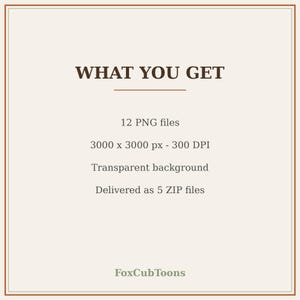 K&ouml;nnte beinhalten: Eine digitale Informationsgrafik mit hellbeigem Hintergrund und einem d&uuml;nnen braunen Rand. Der Text lautet: WHAT YOU GET, 12 PNG files, 3000 x 3000 px - 300 DPI, Transparent background, Delivered as 5 ZIP files, und FoxCubToons.