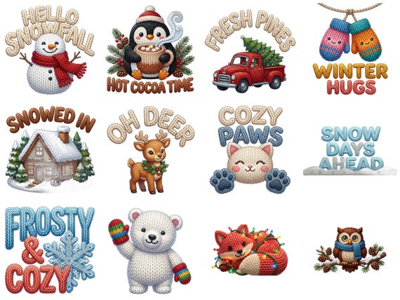 Winter PNG Bundle 12 Faux Yarn Crochet Designs, Snowman Penguin Reindeer Truck, Cozy Christmas Sublimation Clipart, Digital Download