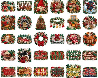 Könnte beinhalten: Eine Sammlung von neunundzwanzig dekorativen Weihnachtsplaketten mit verschiedenen festlichen Motiven wie Schneemännern, Rentieren, Gnomen, Festtexten, Kränzen und Winterszenen, die alle in einem strukturierten und detaillierten Stil gehalten sind.