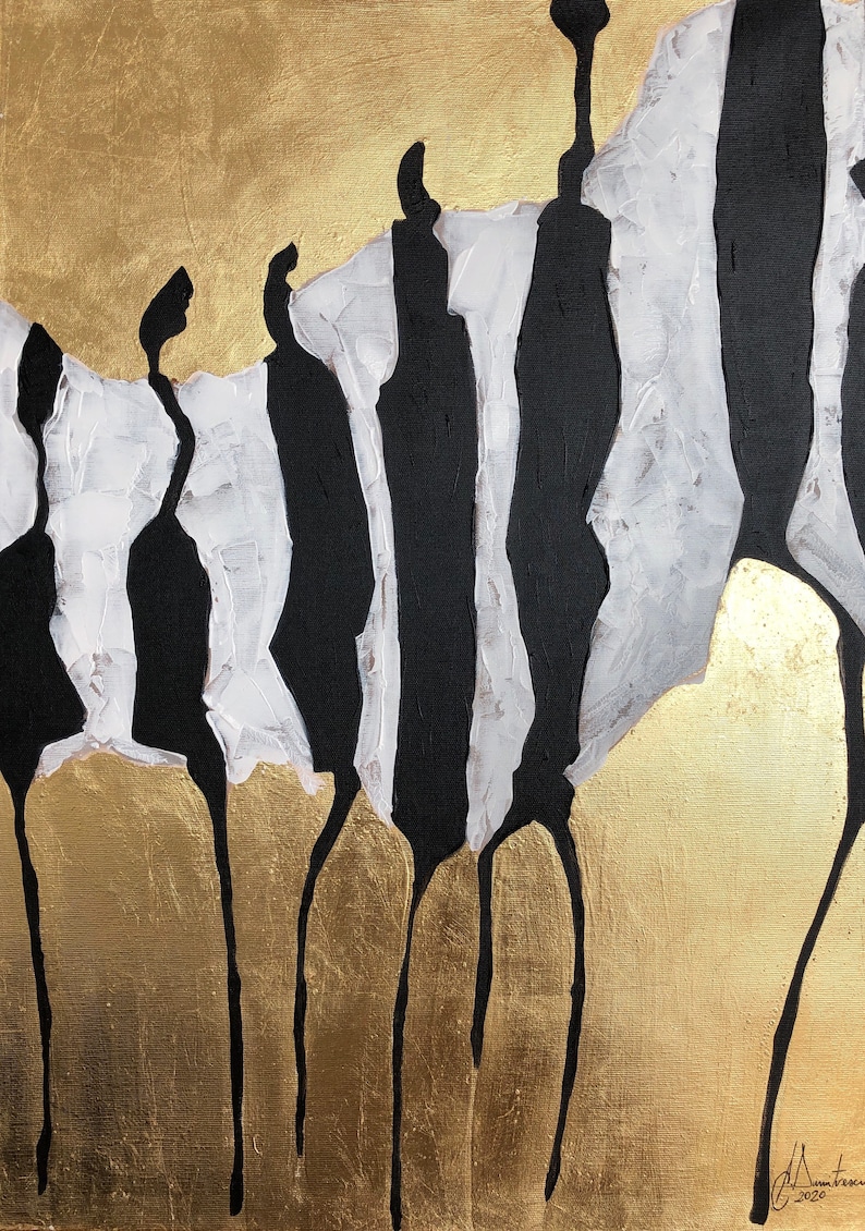 Abstract GOLD Leaf Painting BLACK WHITE Large Painting Gold Etsy