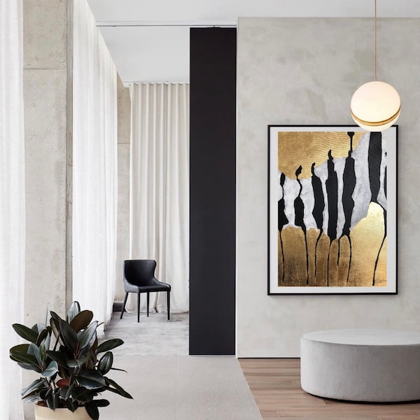 Abstract GOLD leaf painting, BLACK WHITE large Painting, Gold leaf art, Original Extra Large Art Black Gold wall Art modern texture