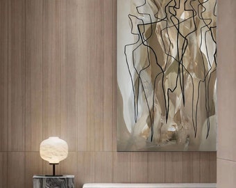 Large Painting, Abstract beige Art, wall art canvas, Nudes Painting Extra large art, Neutral colors, line art, minimal, abstract portrait