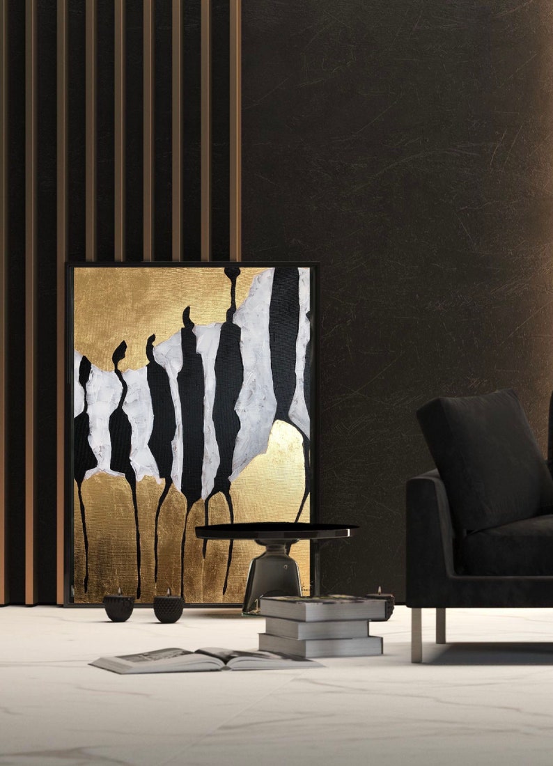 Abstract GOLD Leaf Painting BLACK WHITE Large Painting Gold Etsy
