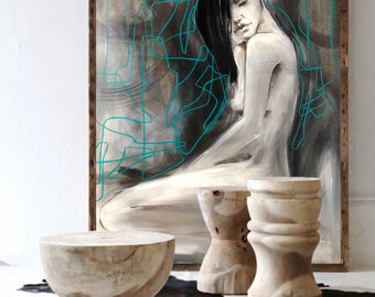LARGE BLACK & WHITE painting 40” Abstract Wall Art Portrait black white art modern canvas art original unique nude woman portrait