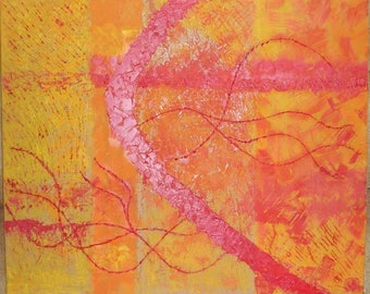 Yellow and red abstract painting 'Gretting in the heat of silence'