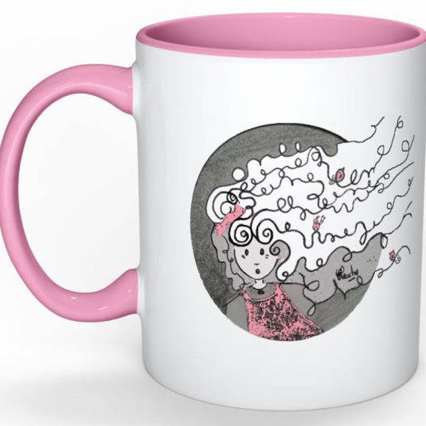 MUG enfant illustré dessin noir, blanc et rose Petite fille aux oiseaux dans les cheveux