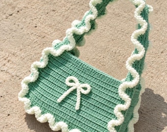 Modello per borsa all'uncinetto verde menta / Borsa a tracolla con fiocco e volant (Tutorial in PDF)