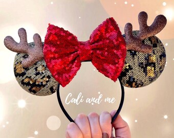 Reindeer Holiday Ears with Red Sequin Bow, Leopard Print Animal Kingdom Mouse Ears Christmas Headband for Theme Parks, Holiday Vacation Ears