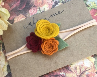 Felt Flower Trio, Pumpin Spice Headband, Fall Rose Headband, Felt Nylon Headband, Thanksgiving Headband, Flower Crown, Newborn Fall Headband