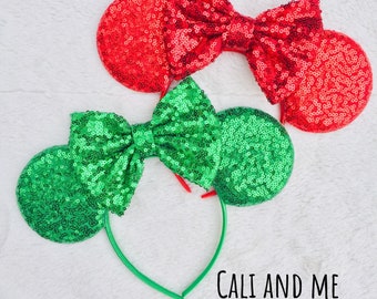 Christmas Ears Disney, Christmas Ears Headband, Christmas Ears Mickey, Christmas Ears MInnie, Green Minnie Ears, Red Mickey Ears