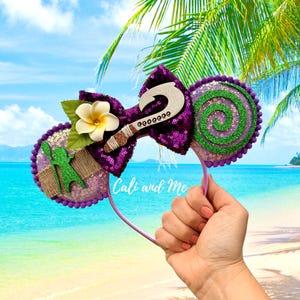 Moana Inspired Sequin Minnie Ears Headband, Hawaiian Princess Moana Headband Tropical Flower Accents