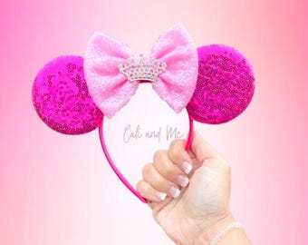 Pink Crown Minnie Ears, Pink Minnie Ears, Pink Mouse Ears, Minnie Ears, Pink Crown Ears, Pink Sequin Ears, Pink Mouse Ears Headband, Disney