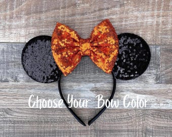 Black Mouse Ears with Orange Sequin Bow, Black and Orange Mickey Ears Headband, Halloween Mouse Ears Headband Disney Theme Park Minnie Ears