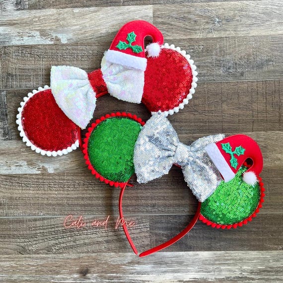 Santas Hat Mickey Ears, Santa Minnie Ears, Disney Christmas Mickey Ears,  Mickey Ears, Christmas Ears, Minnie Ears, Mouse Ears Headband