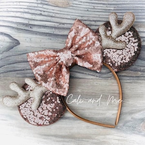 Rose Gold Bow Mickey Christmas Ears, Bronze Sequin Minnie Mouse Ears Headband, Holiday Mickey Ears, Minnie Ears, Mouse Ears Headband