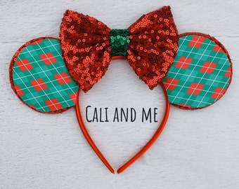 Holiday Minnie Ears, Christmas Argyle Minnie Ears, Holiday Mickey Ears, Christmas Mickey Ears, Argyle Mickey Ears, Mickey Mouse Headband