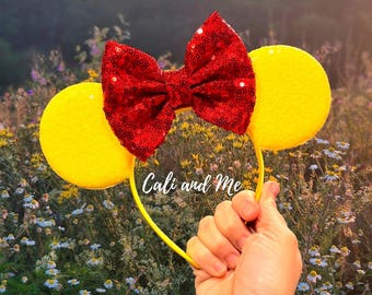 Yellow Mickey Ears with Red Bow, Yellow Mouse Wars Pick your Bow Color, Yellow Sequin Mickey Ears, Yellow Minnie Mouse Ears Disney Headband