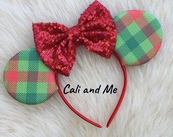 Red Plaid Christmas Mickey Mouse Ears, Christmas Minnie Mouse Ears, Christmas Disney Ears, Christmas Mouse Ears Headband, Plaid Minnie Ears