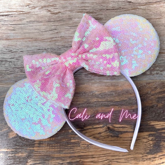 Disney Iridescent Sequin Minnie Mouse Ear Headband - Pastel Holographic Pink Disney Iridescent Sparkle Mouse Ear Headband with Pink Gem Tiara main image 4