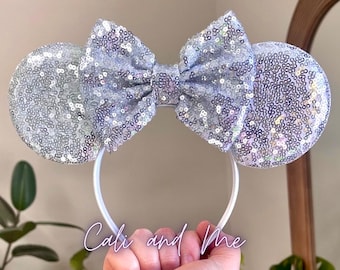 Solid Silver Mouse Ears, Silver Sequin Minnie Ears, Silver Mickey Ears, Silver Minnie Ears, Mouse Ears Headband, Silver Minnie Mouse Ears