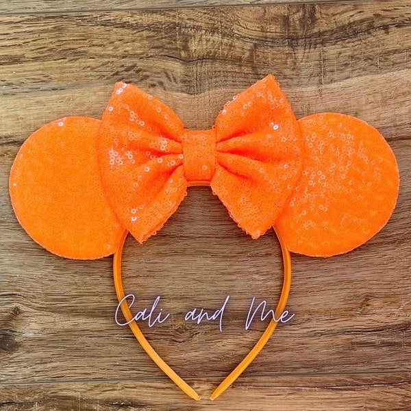 Solid Laser Orange Minnie Ears, Orange Minnie Mouse Ears, Orange Mickey Mouse Ears, Mouse Ears Headband, Orange Sequin Minnie Ears